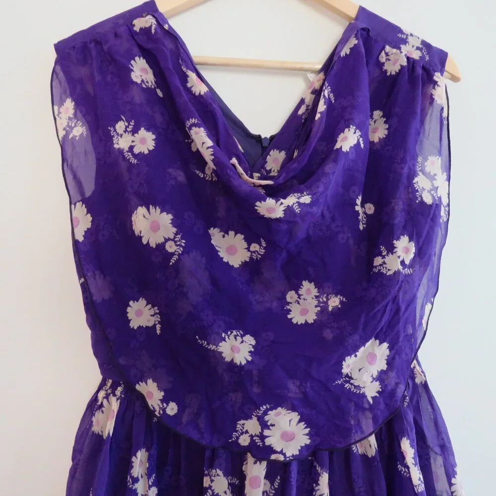 VINTAGE ANNA SUI 100% Silk Purple Ditsy Floral Draped Dress Y2K - Size US 2 - Picture 4 of 15